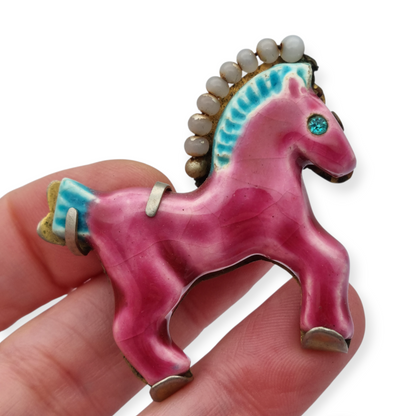Horse brooch in glazed ceramic, Made in France