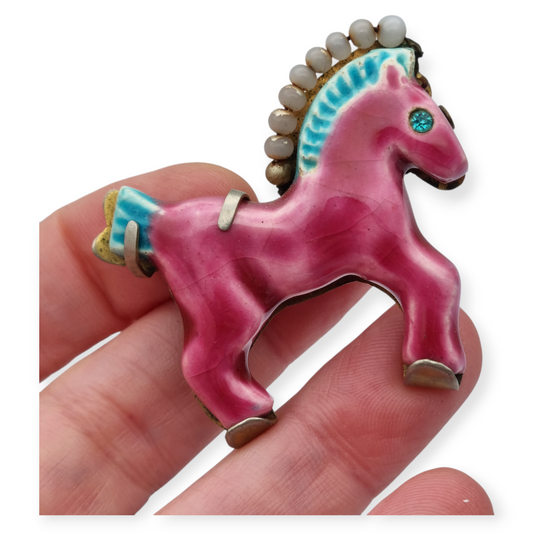Horse brooch in glazed ceramic, Made in France