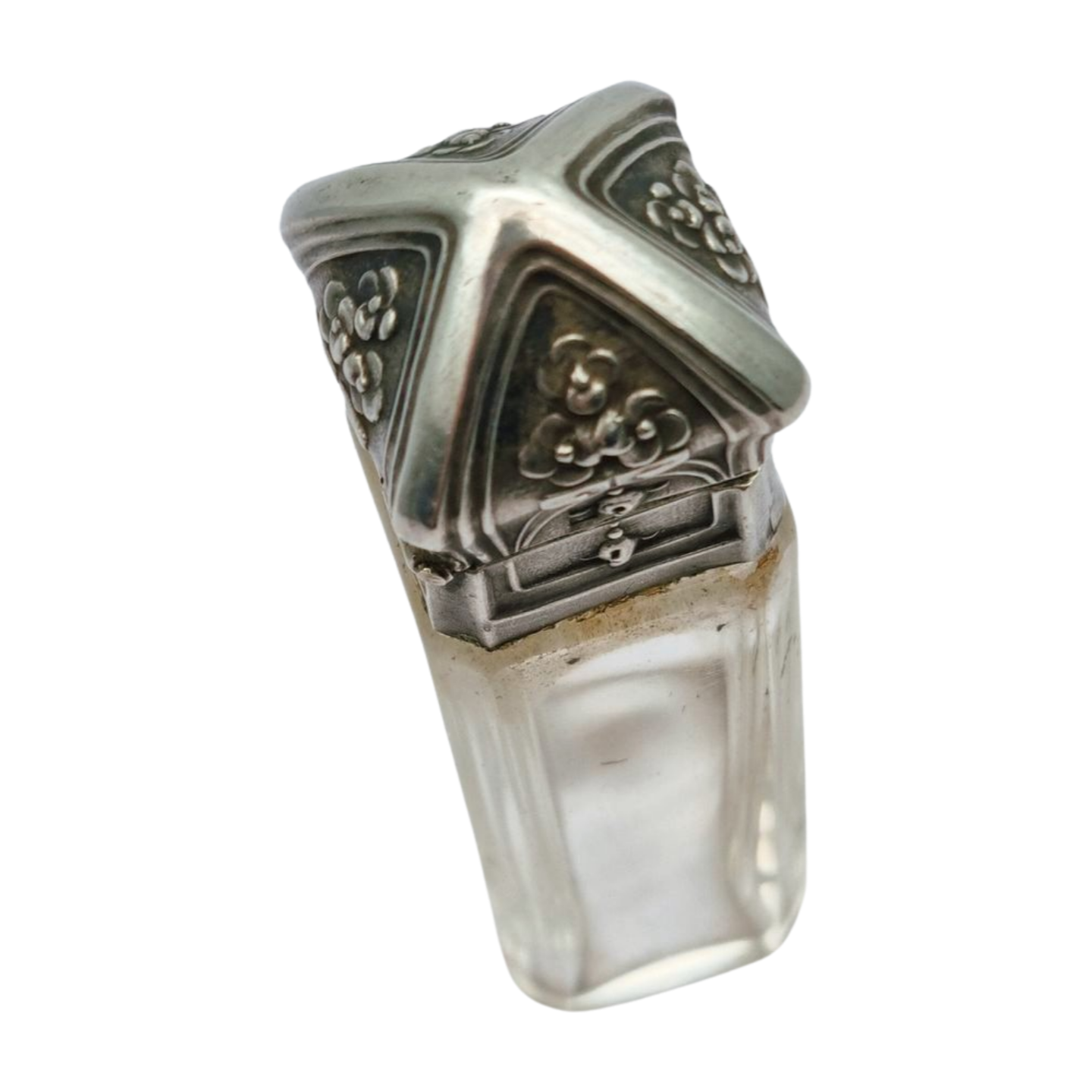 Frasco de perfume Belle Époque de plata grabada y cristal, circa 1900