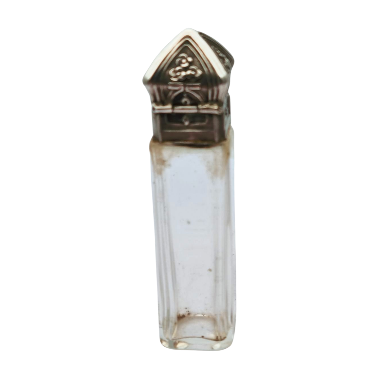 Frasco de perfume Belle Époque de plata grabada y cristal, circa 1900