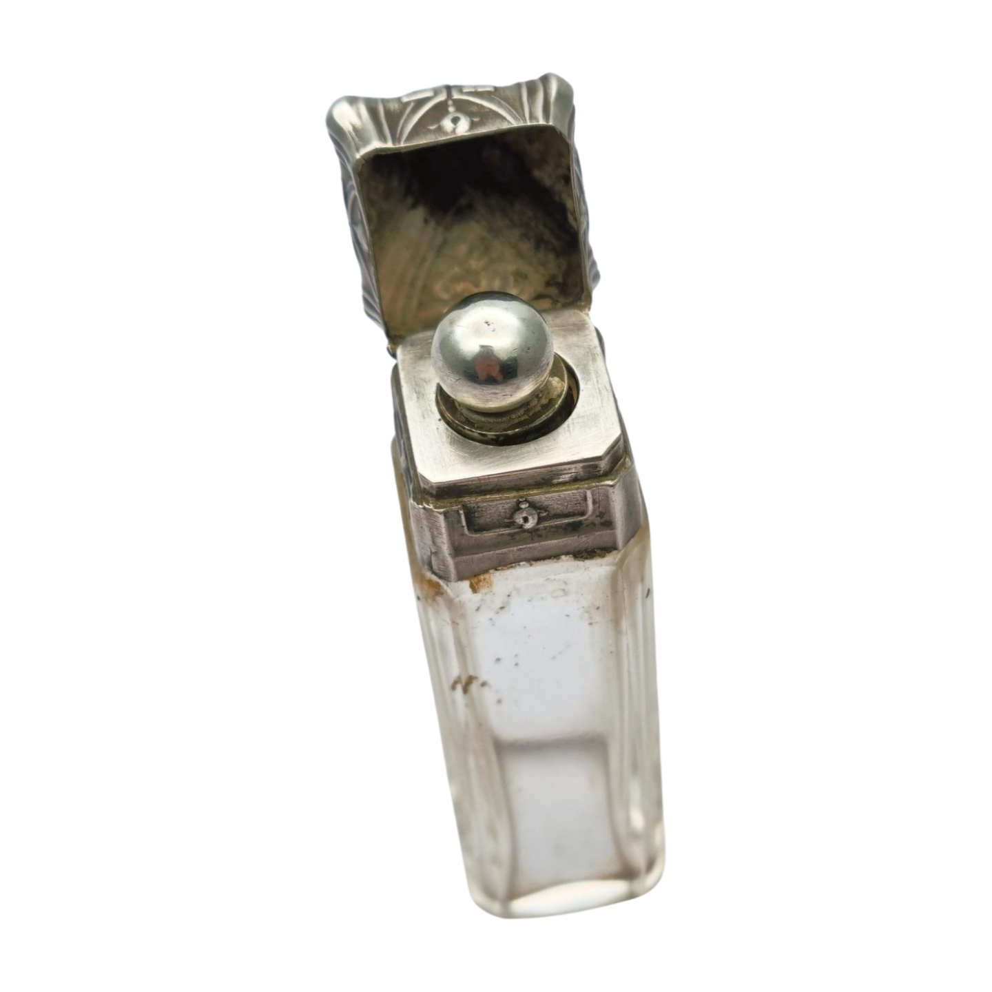 Frasco de perfume Belle Époque de plata grabada y cristal, circa 1900