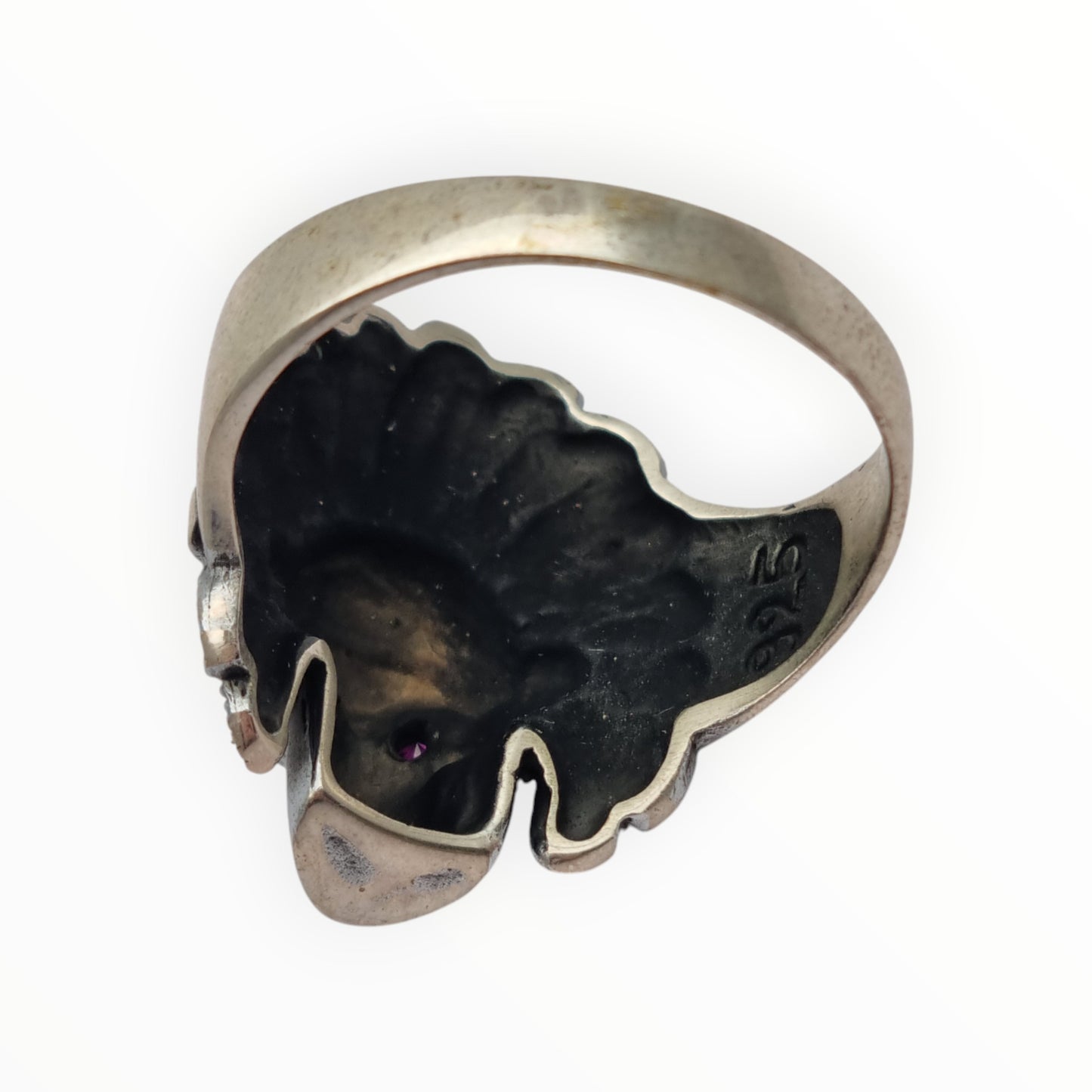 Skull ring in 925 silver with pink rhinestone eyes, 1990s