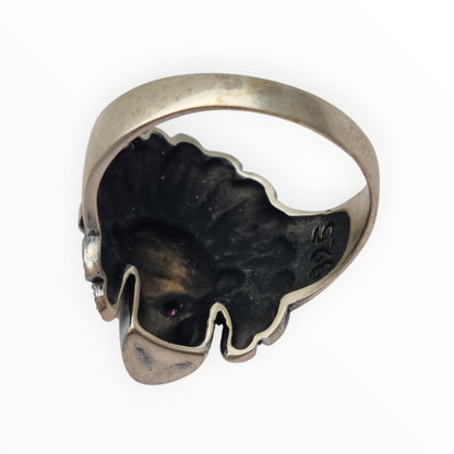 Skull ring in 925 silver with pink rhinestone eyes, 1990s