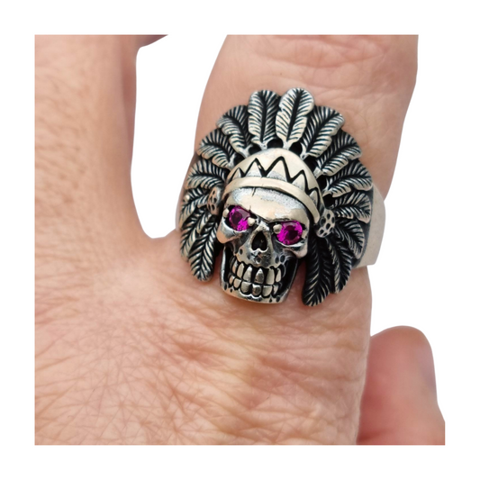 Skull ring in 925 silver with pink rhinestone eyes, 1990s
