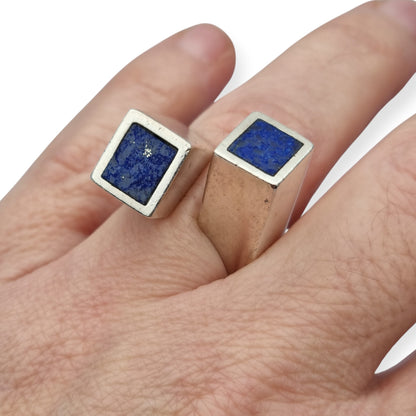 Brutalist ring in 925 silver with geometric design lapis lazuli, Spain 1970–1980