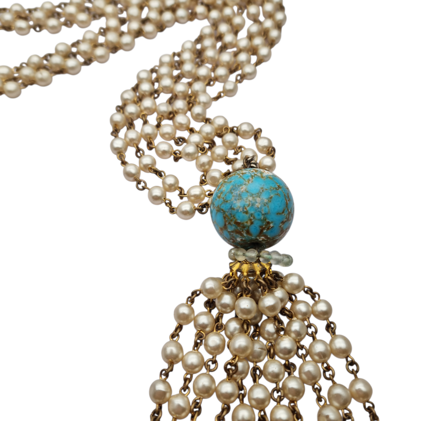 Vintage costume jewelry necklace with pearl tassel and turquoise bead, 1980s