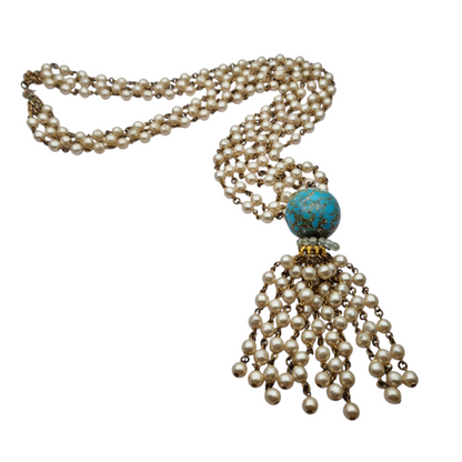 Vintage costume jewelry necklace with pearl tassel and turquoise bead, 1980s