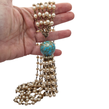 Vintage costume jewelry necklace with pearl tassel and turquoise bead, 1980s