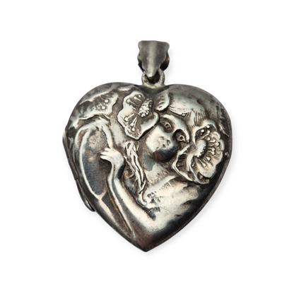 Colgante guardapelo corazón estilo Art Nouveau en plata, España 1970-80