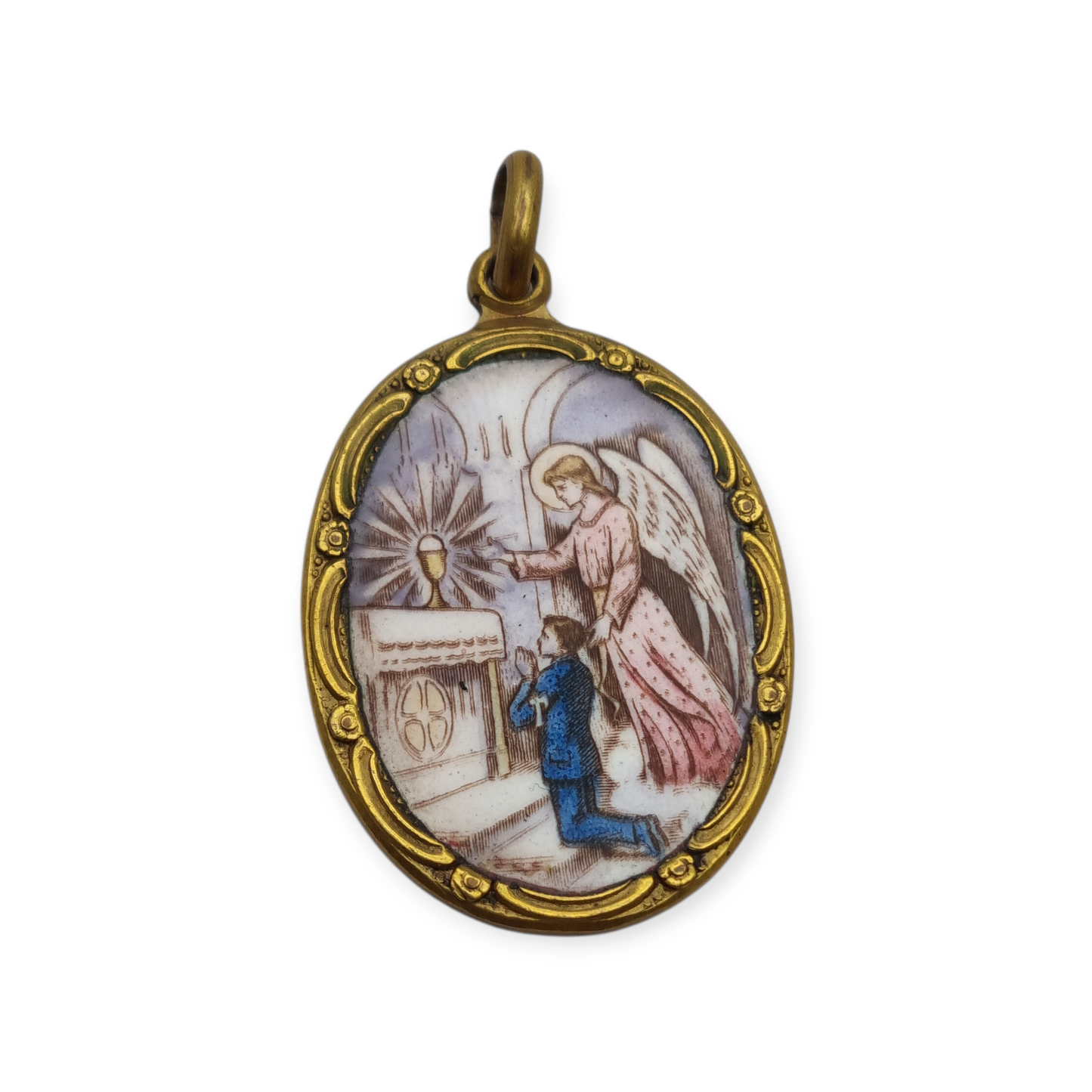 Medalla religiosa Art Nouveau en metal y esmalte, circa 1910-20, ángel y niño en adoración