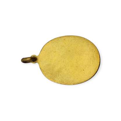 Medalla religiosa Art Nouveau en metal y esmalte, circa 1910-20, ángel y niño en adoración