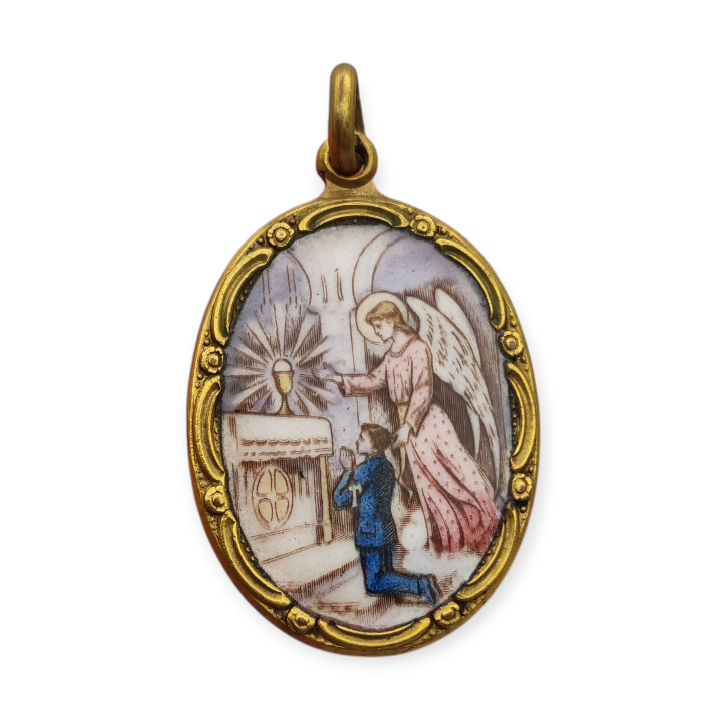 Medalla religiosa Art Nouveau en metal y esmalte, circa 1910-20, ángel y niño en adoración