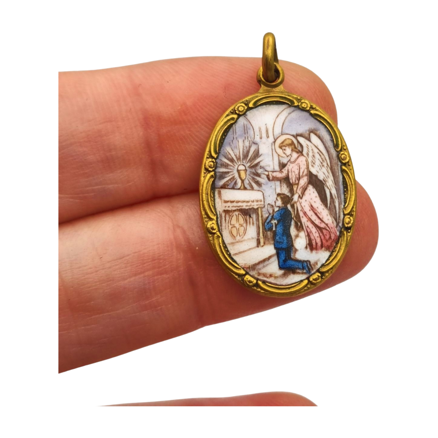 Medalla religiosa Art Nouveau en metal y esmalte, circa 1910-20, ángel y niño en adoración