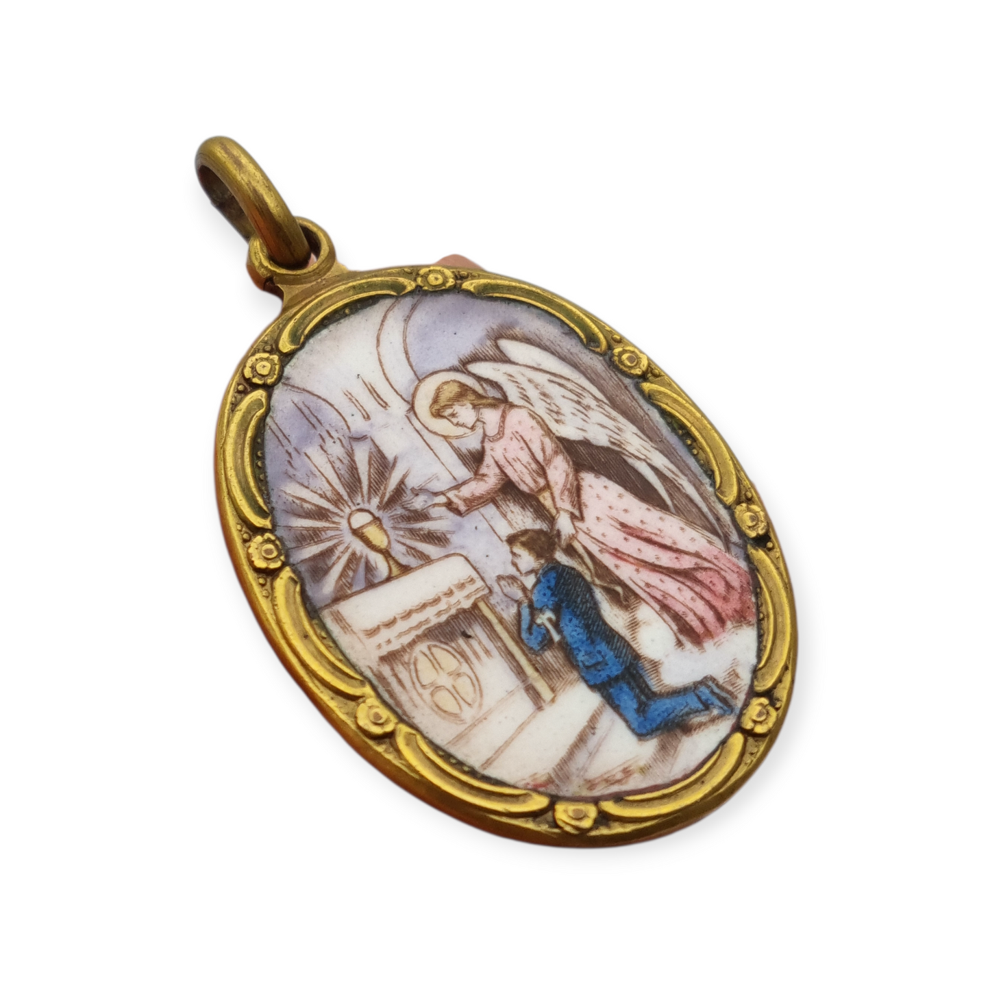 Medalla religiosa Art Nouveau en metal y esmalte, circa 1910-20, ángel y niño en adoración