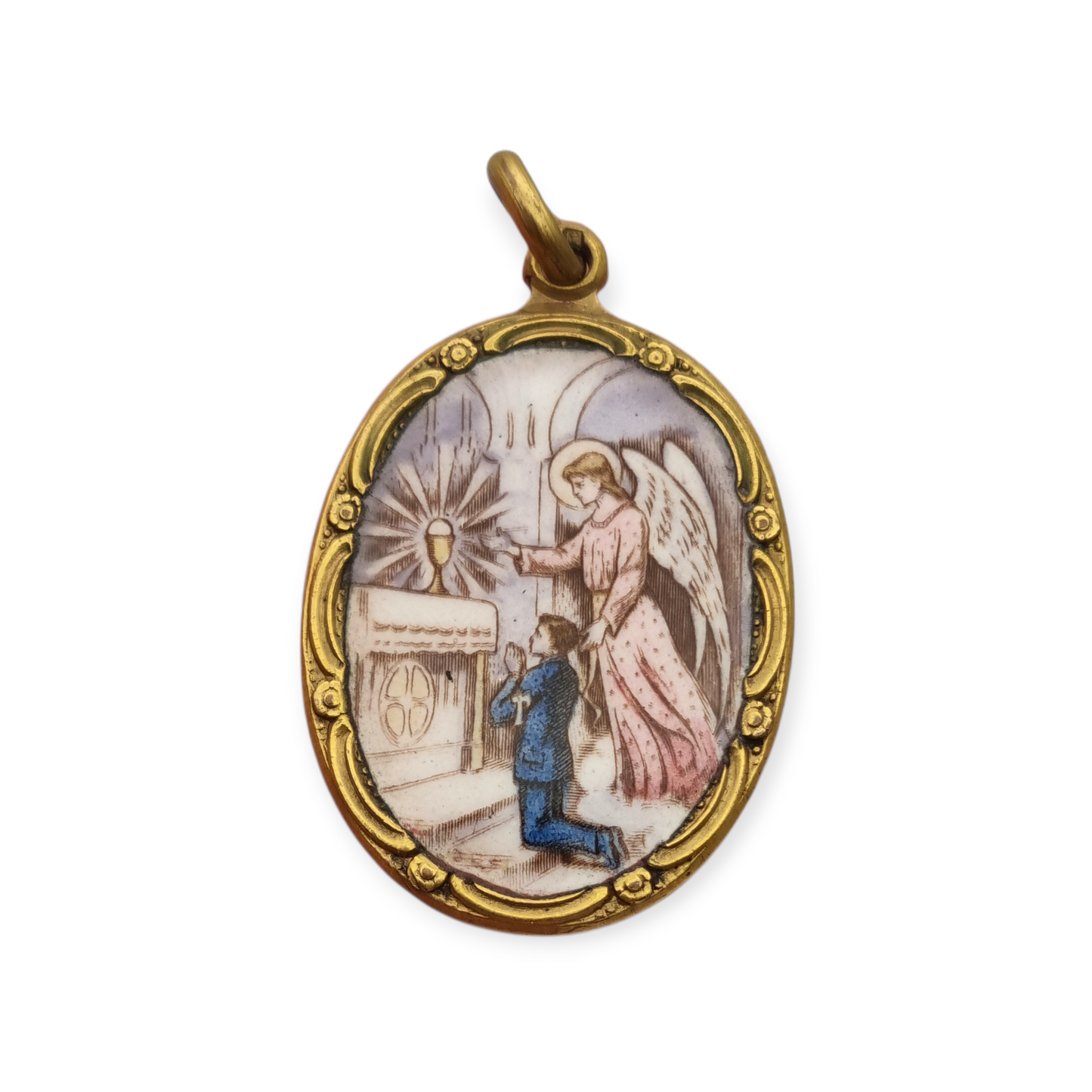 Medalla religiosa Art Nouveau en metal y esmalte, circa 1910-20, ángel y niño en adoración