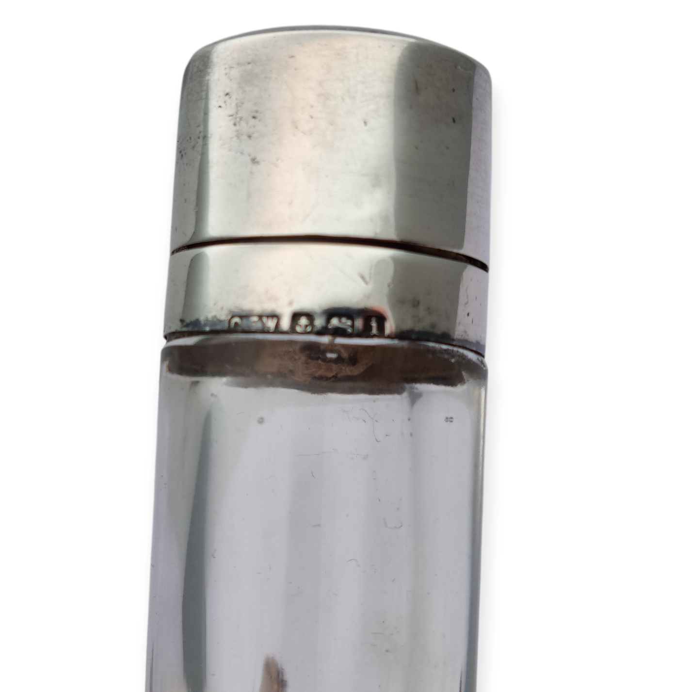 Perfumero victoriano de plata y vidrio Birmingham 1908, "CEW" "C E Williams"