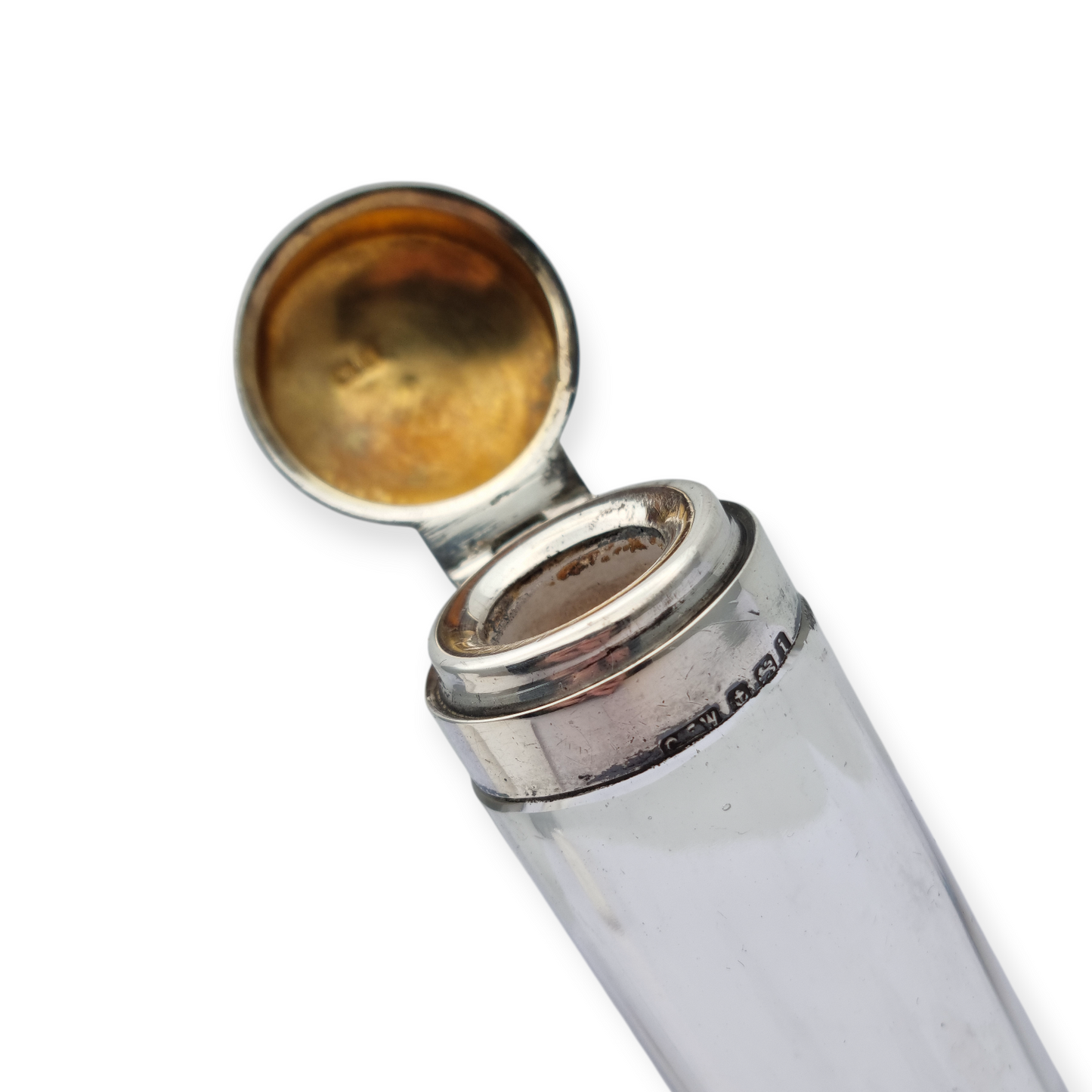 Perfumero victoriano de plata y vidrio Birmingham 1908, "CEW" "C E Williams"