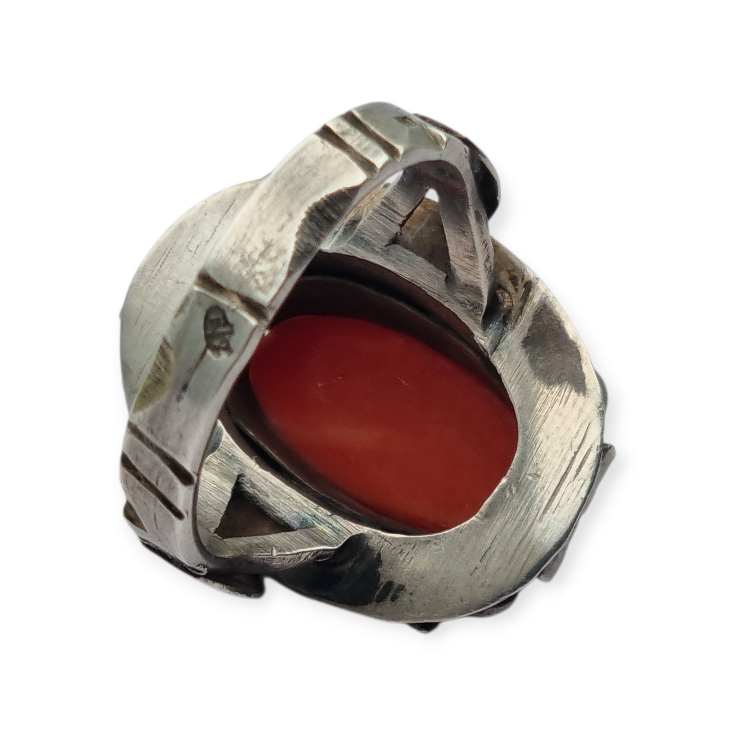Art Deco style ring in 800 silver with oval coral, 1950s-60s, size 13 Spain