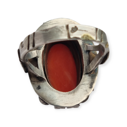 Art Deco style ring in 800 silver with oval coral, 1950s-60s, size 13 Spain