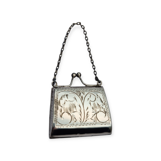 Vintage 925 silver coin purse with chain and floral engraving, 1960s.