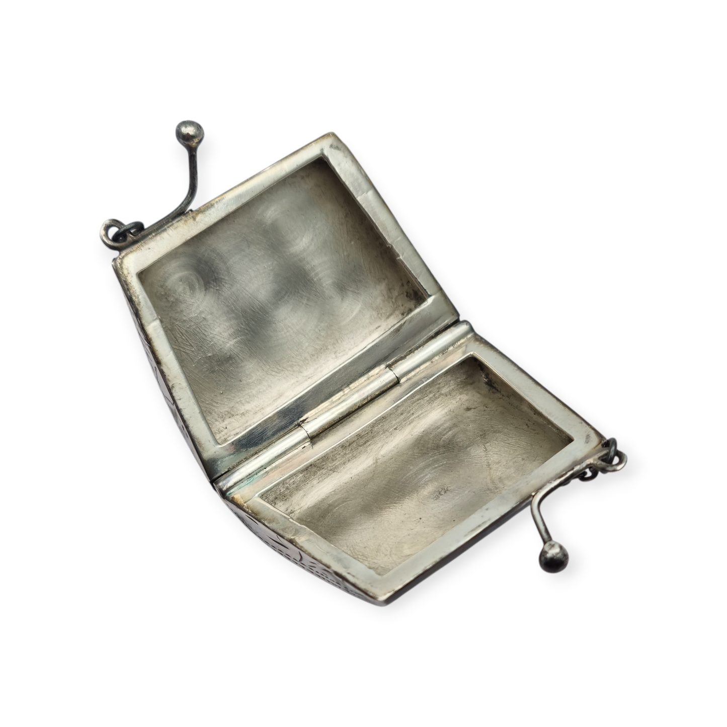 Monedero antiguo en plata 925 con cadena y grabado vegetal, años 60.