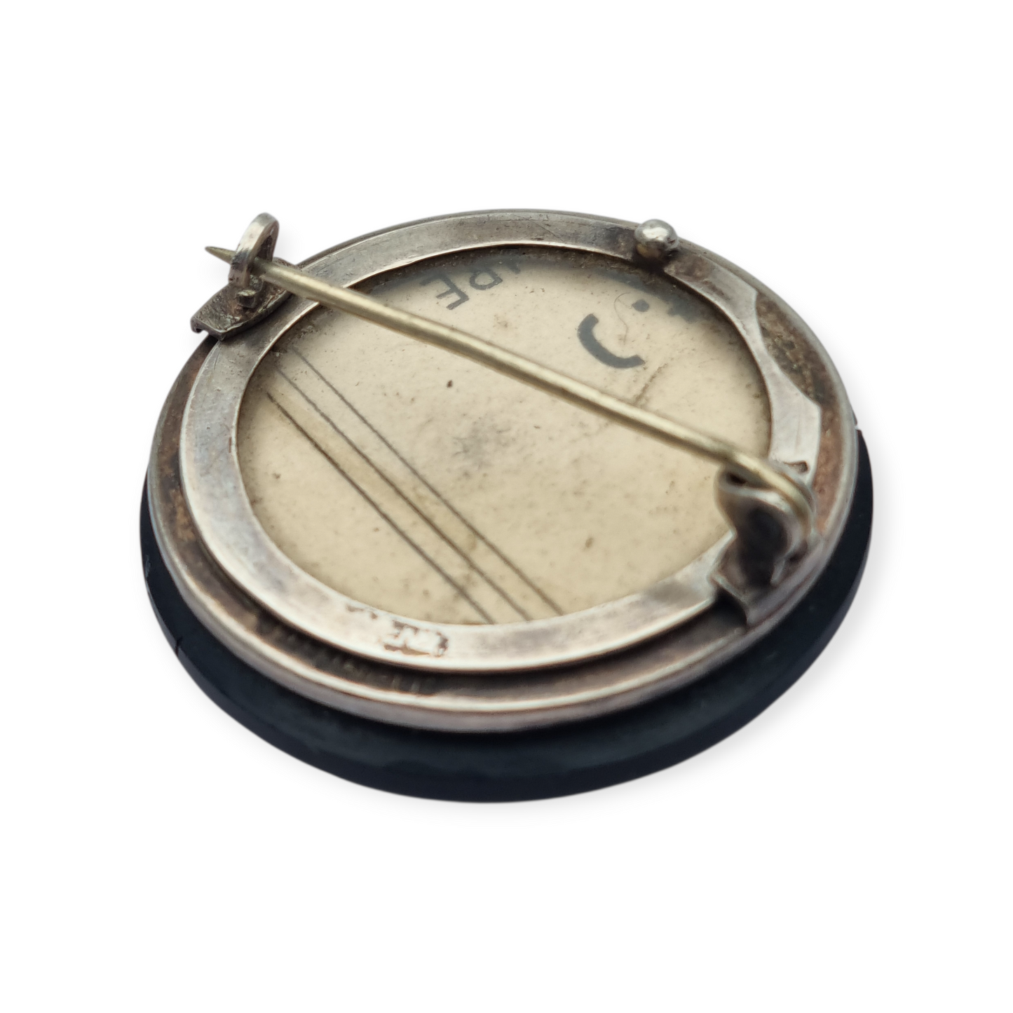 Guardapelo broche victoriano francés c.1900 en plata y vulcanita, “Breveté SGDG”