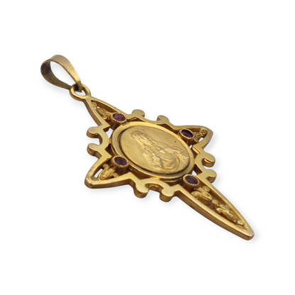 Colgante religioso de  cruz Belle Époque con medallón de metal dorado, 1910-20