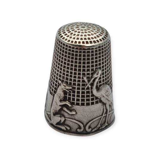 Antique solid silver thimble from the fable "The Fox and the Stork" by La Fontaine, circa 1920-30