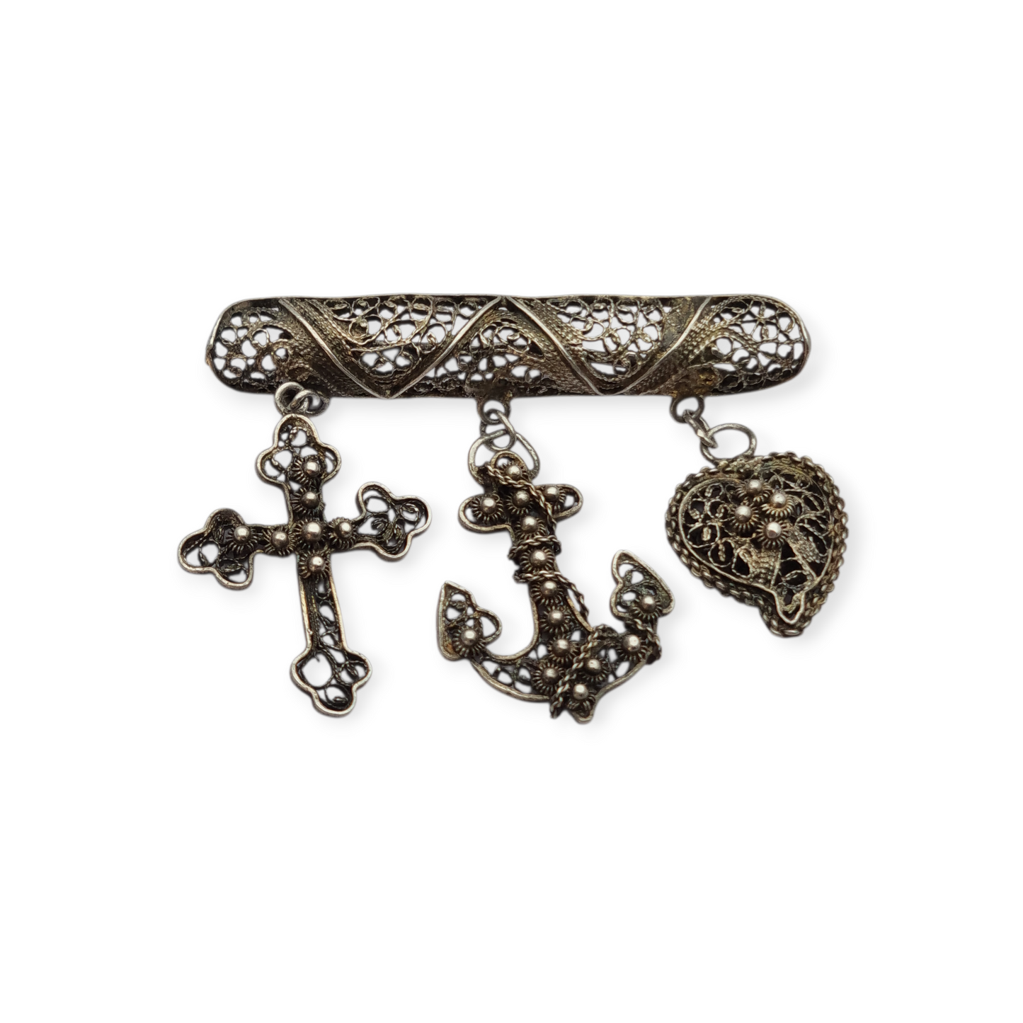 Silver filigree "Croix de Camargue" brooch with cross, anchor and heart, France