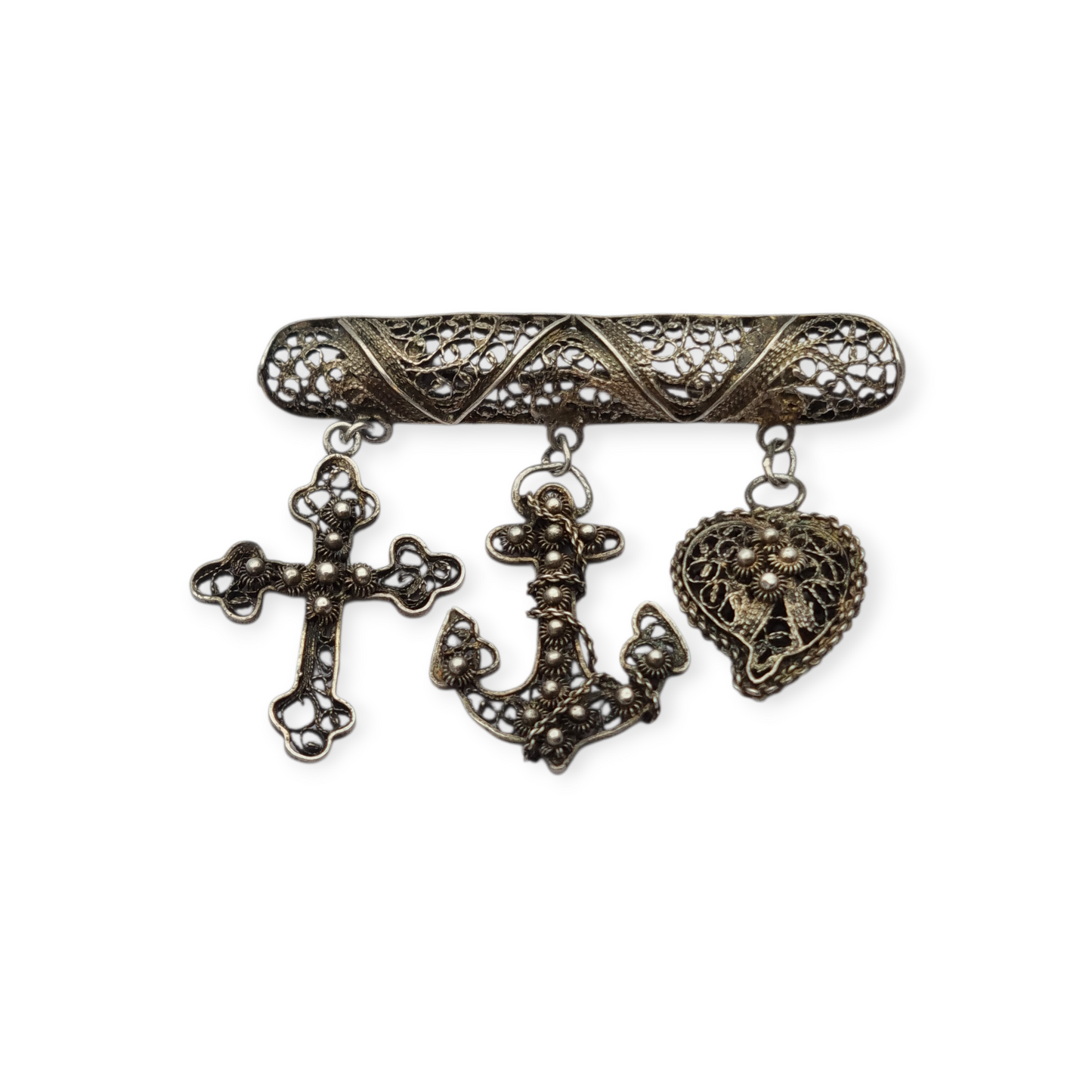 Silver filigree "Croix de Camargue" brooch with cross, anchor and heart, France