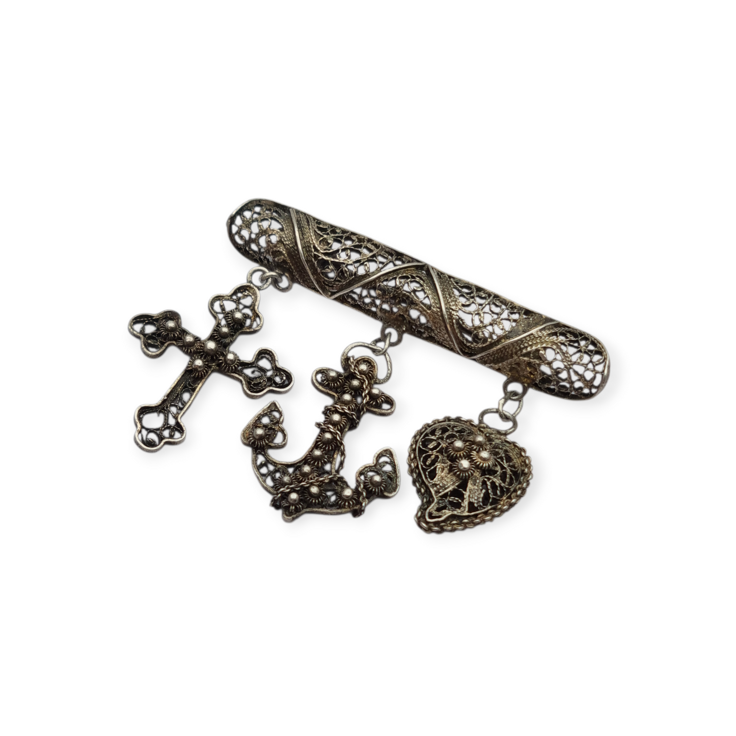 Silver filigree "Croix de Camargue" brooch with cross, anchor and heart, France