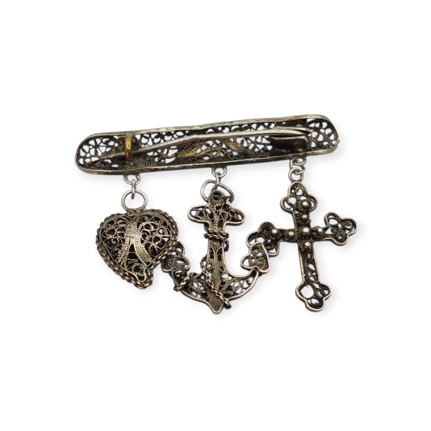 Silver filigree "Croix de Camargue" brooch with cross, anchor and heart, France