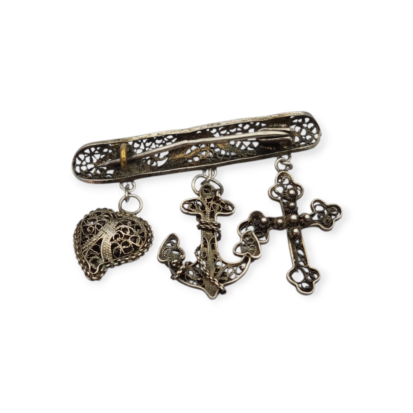 Silver filigree "Croix de Camargue" brooch with cross, anchor and heart, France