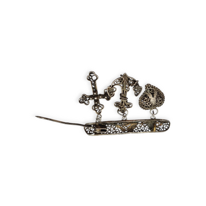 Silver filigree "Croix de Camargue" brooch with cross, anchor and heart, France