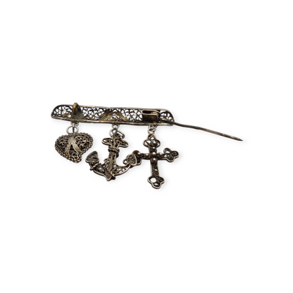 Silver filigree "Croix de Camargue" brooch with cross, anchor and heart, France