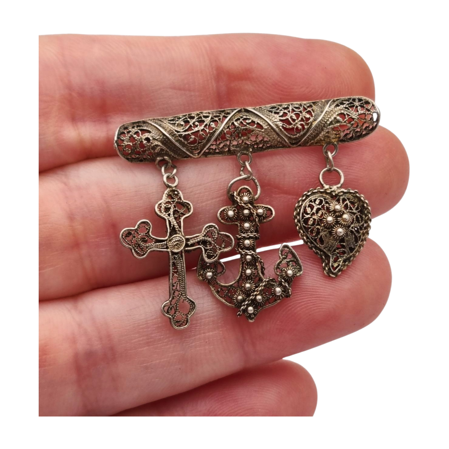 Silver filigree "Croix de Camargue" brooch with cross, anchor and heart, France