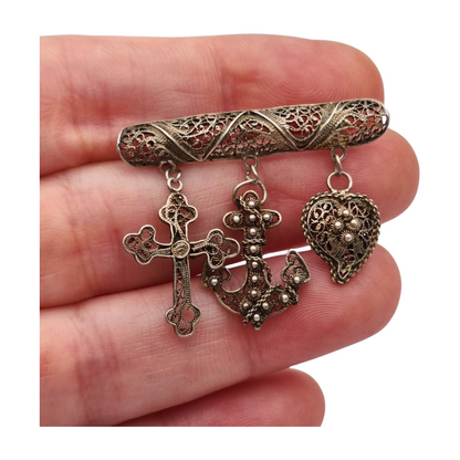 Silver filigree "Croix de Camargue" brooch with cross, anchor and heart, France