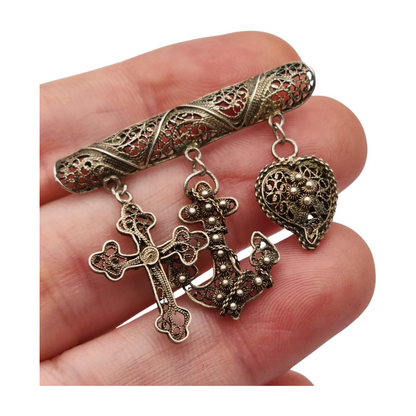 Silver filigree "Croix de Camargue" brooch with cross, anchor and heart, France