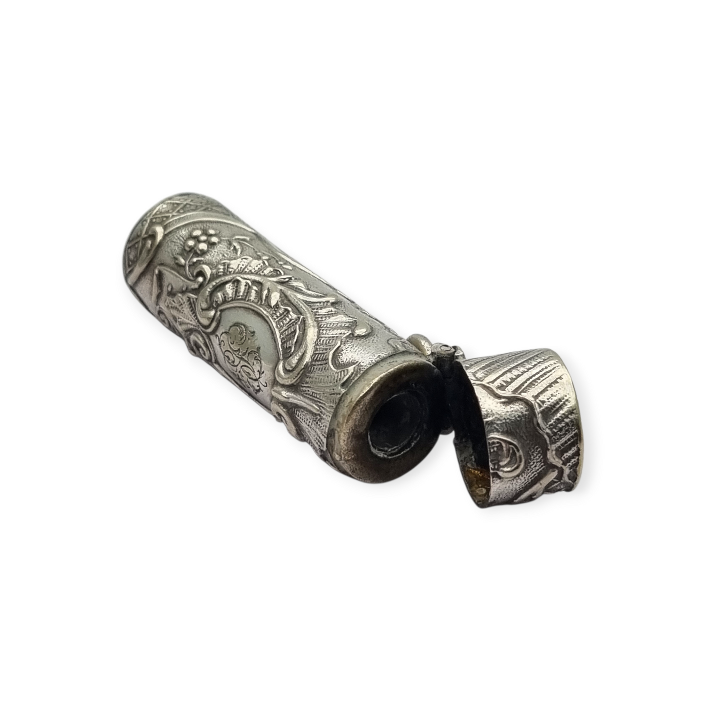 Frasco floral de ungüento Art Nouveau en plata para chatelaine  y monograma, circa 1900.