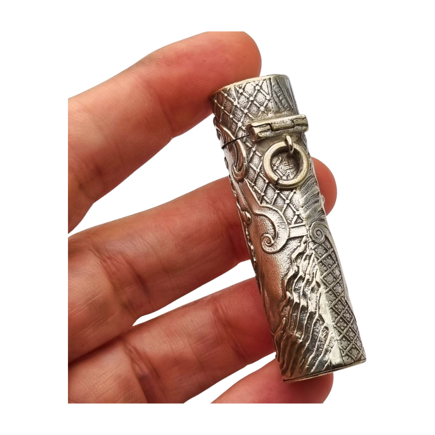 Frasco floral de ungüento Art Nouveau en plata para chatelaine  y monograma, circa 1900.