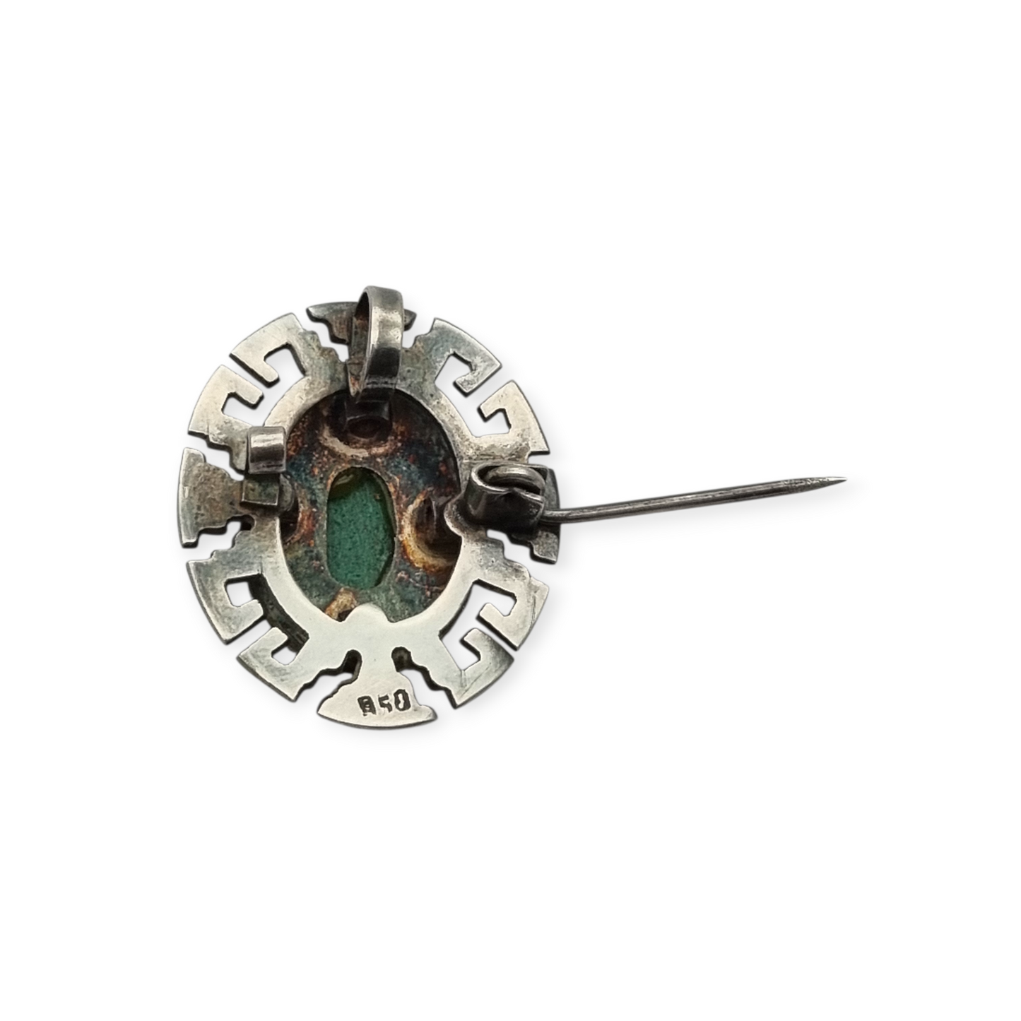 950 silver pendant brooch and gold Tumi with green stone, Peru circa 1970