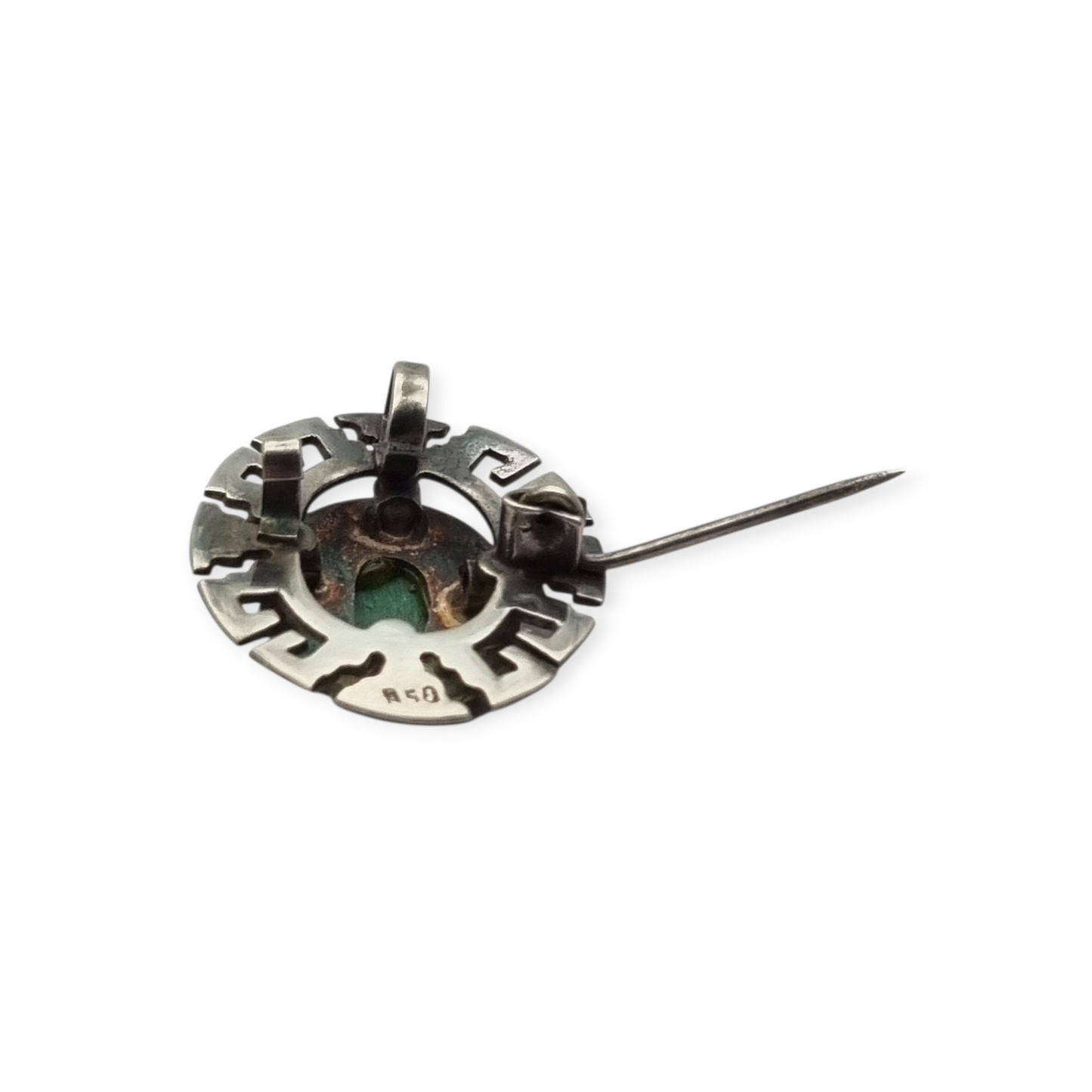 950 silver pendant brooch and gold Tumi with green stone, Peru circa 1970