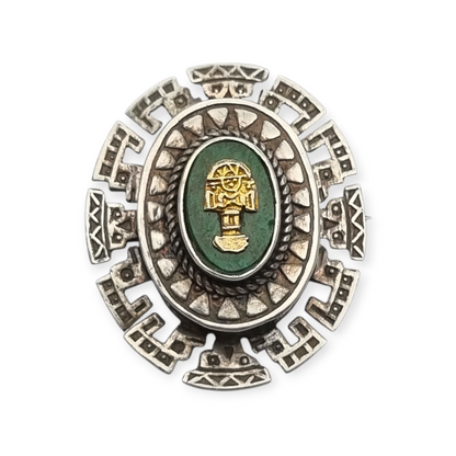 950 silver pendant brooch and gold Tumi with green stone, Peru circa 1970