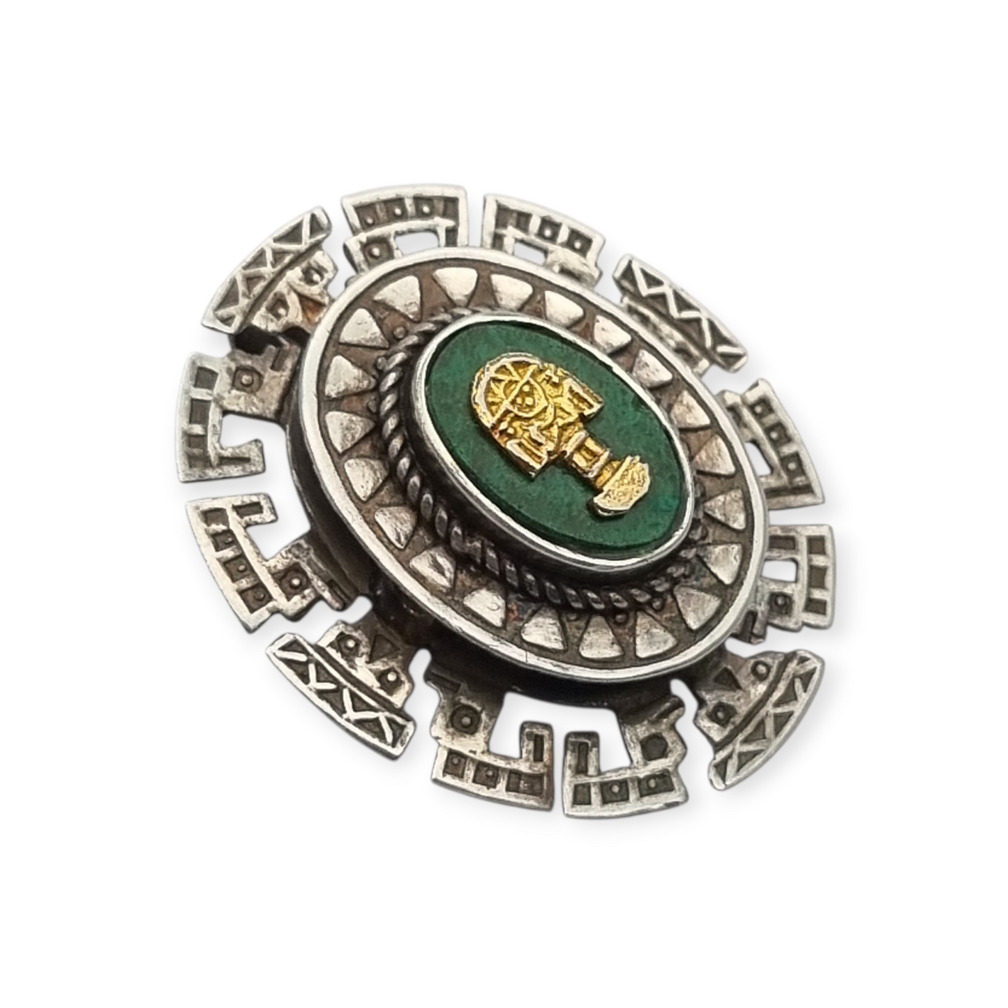 950 silver pendant brooch and gold Tumi with green stone, Peru circa 1970