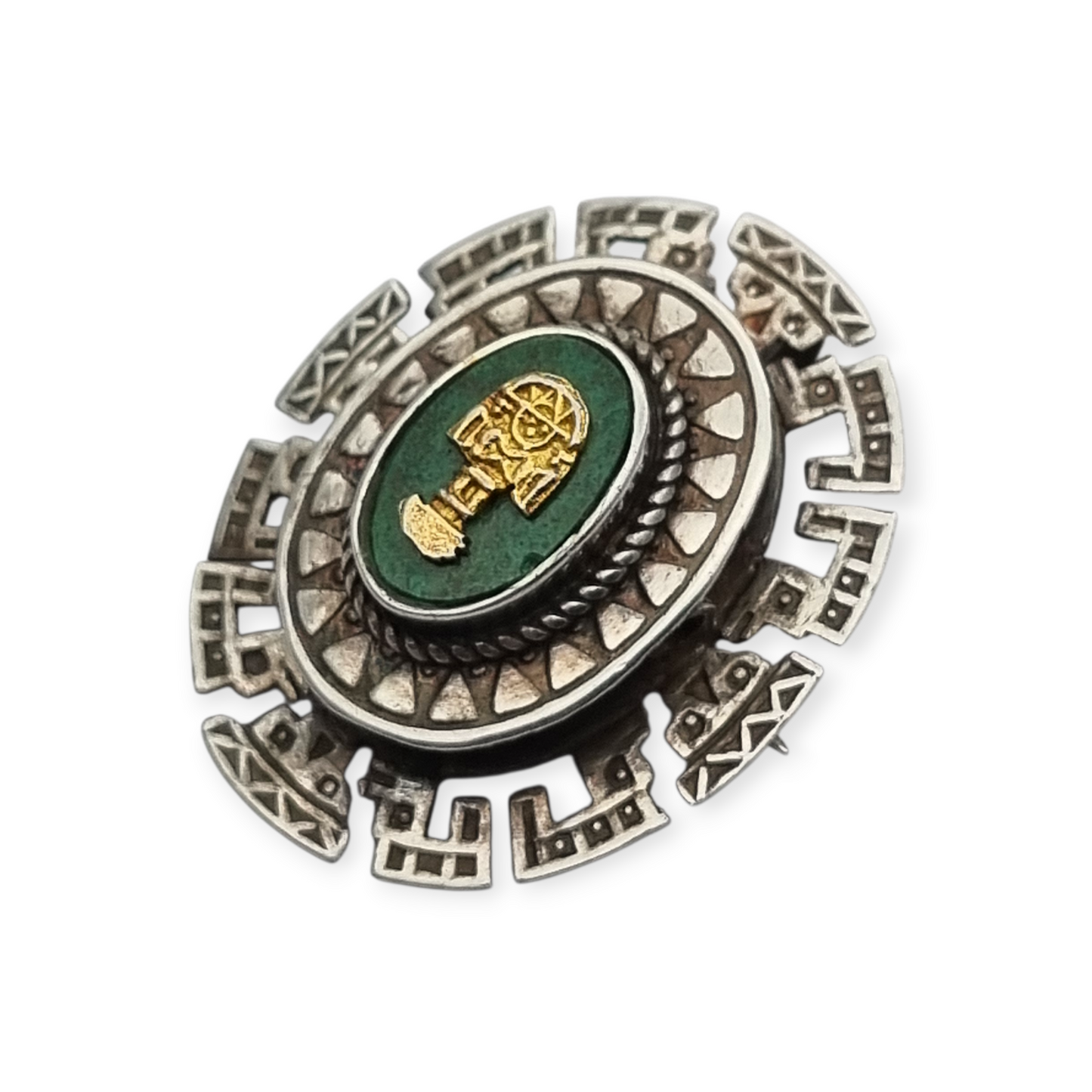 950 silver pendant brooch and gold Tumi with green stone, Peru circa 1970