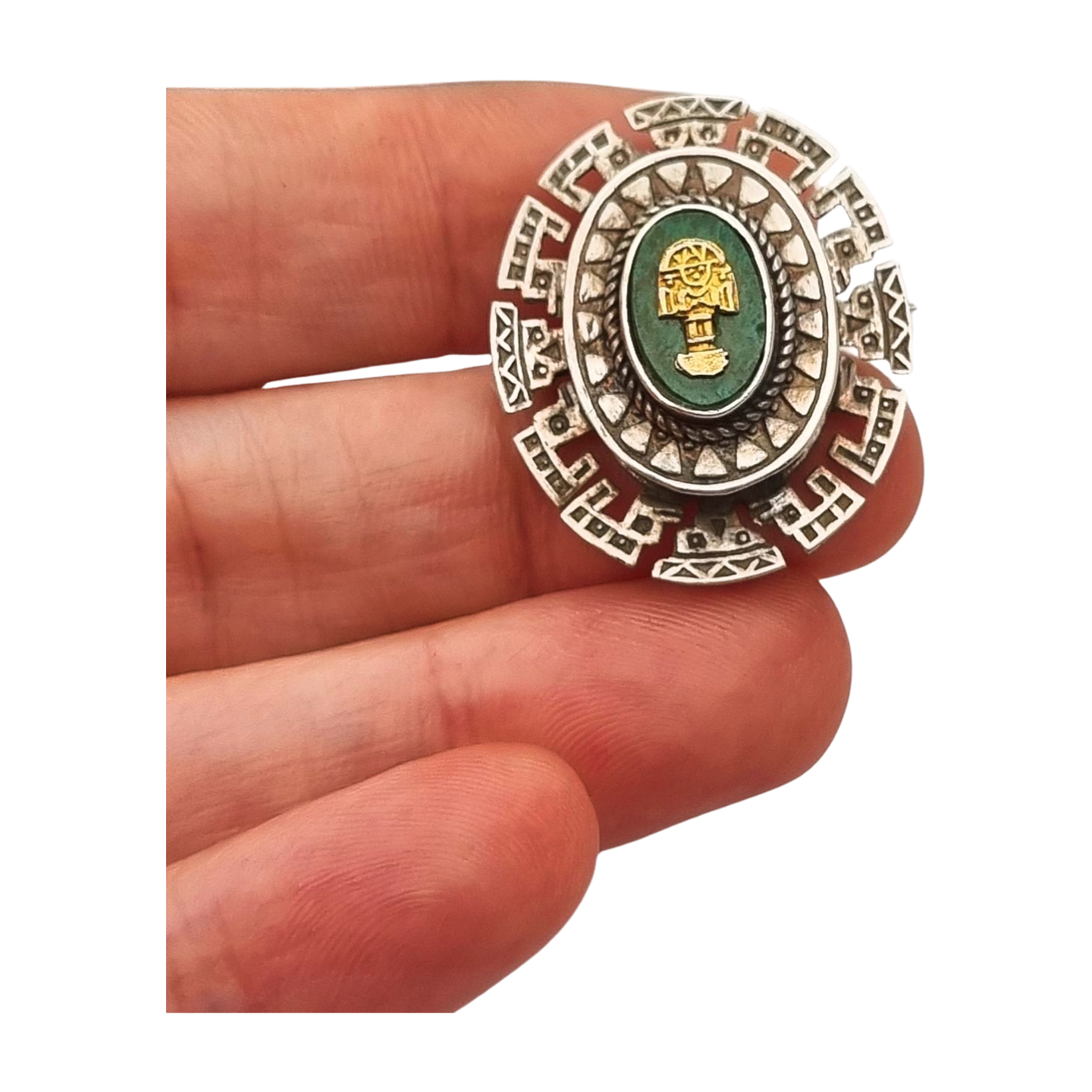 950 silver pendant brooch and gold Tumi with green stone, Peru circa 1970