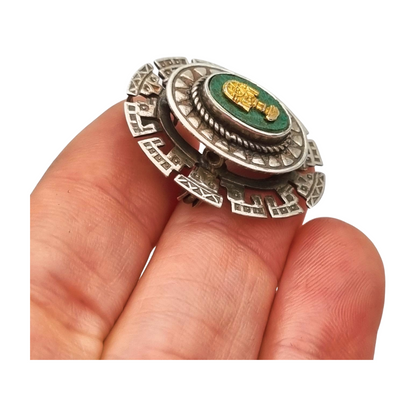 950 silver pendant brooch and gold Tumi with green stone, Peru circa 1970
