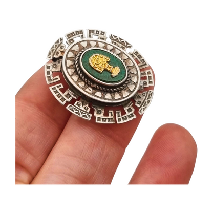 950 silver pendant brooch and gold Tumi with green stone, Peru circa 1970