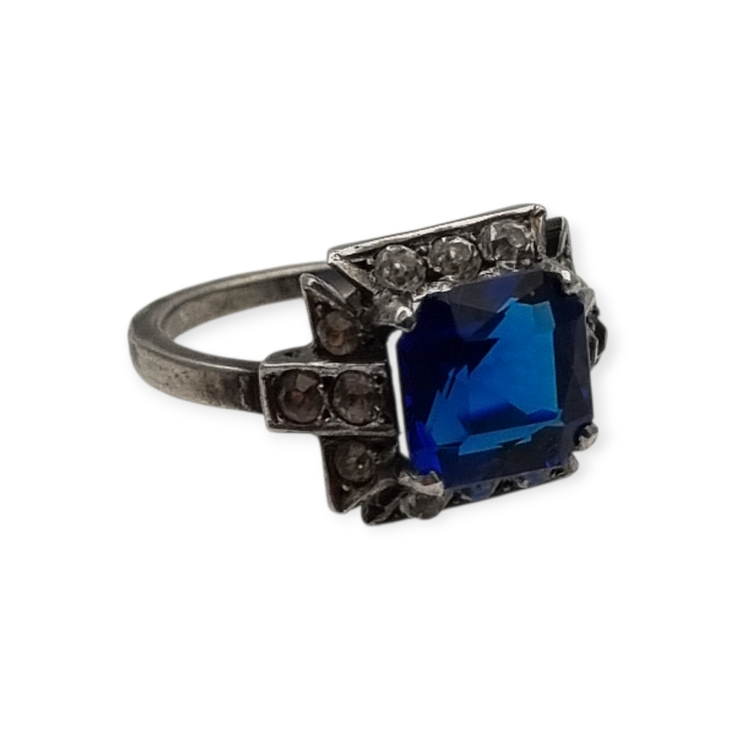 Anillo cóctel plata con piedra azul facetada y pedrería, estilo elegante talla 13, 1980