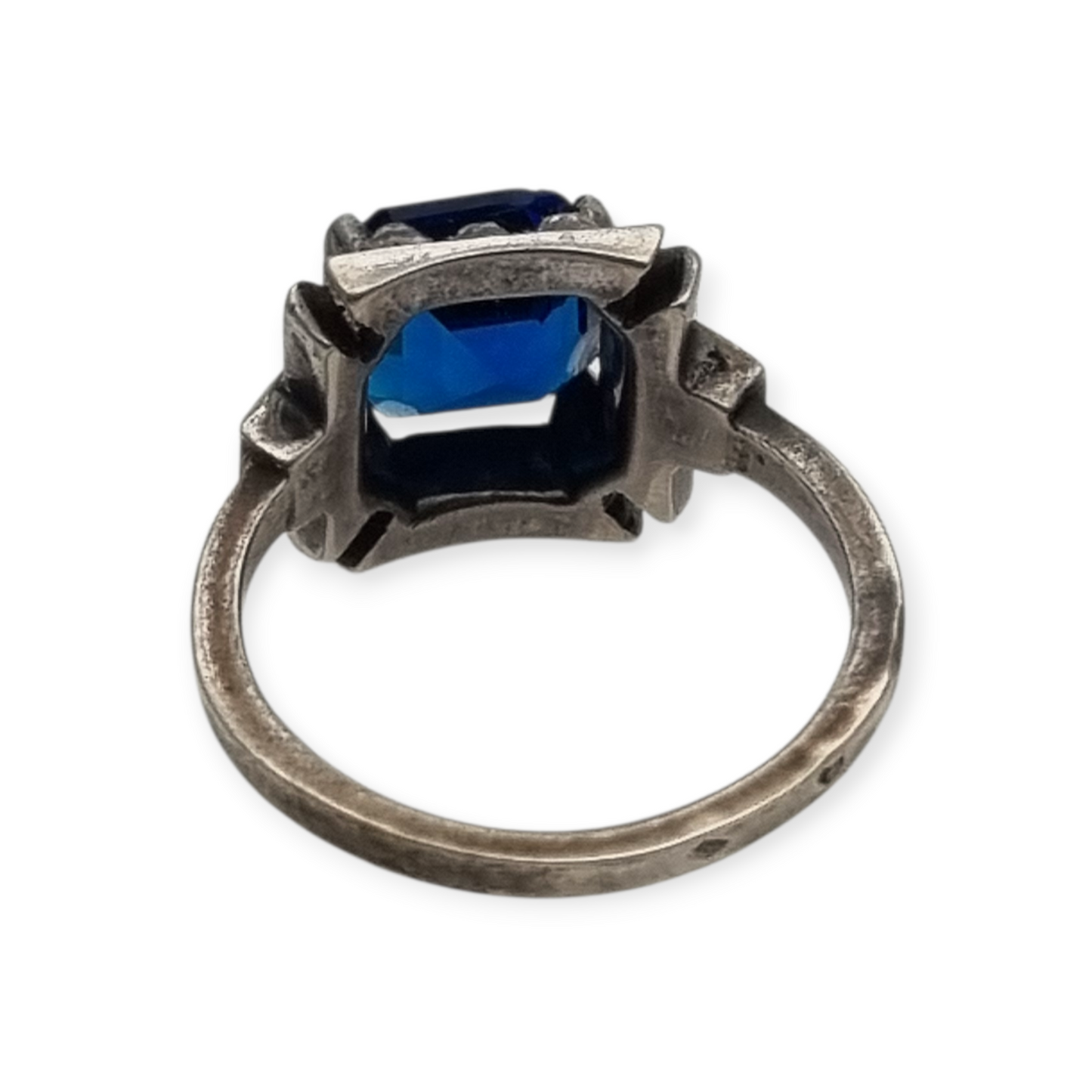 Anillo cóctel plata con piedra azul facetada y pedrería, estilo elegante talla 13, 1980